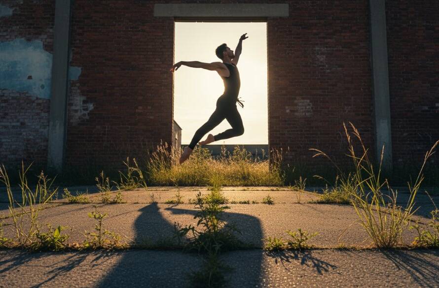 A powerful, dramatically lit photograph capturing a dancer in mid-air during an epic leap, showcasing dynamic dance photography Ardeer for passionate performers, with the industrial yet artistic backdrop of Ardeer's local area at sunset. Professional colour grading highlights the dancer's strength and grace.