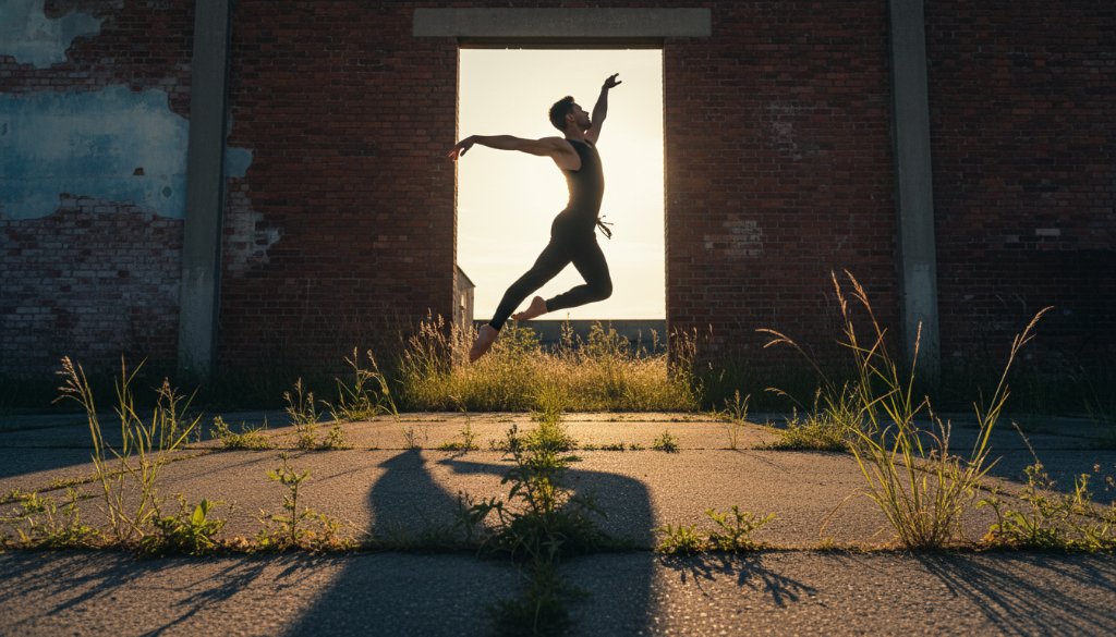 A powerful, dramatically lit photograph capturing a dancer in mid-air during an epic leap, showcasing dynamic dance photography Ardeer for passionate performers, with the industrial yet artistic backdrop of Ardeer's local area at sunset. Professional colour grading highlights the dancer's strength and grace.