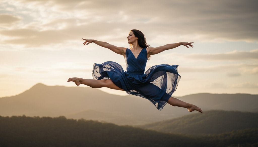 A stunning, low-angle shot capturing the dynamic dance photography artistry of a female dancer mid-air, silhouetted against a dramatic sunset over the Dandenong Ranges near Upper Ferntree Gully, showcasing incredible strength and grace with professional lighting.