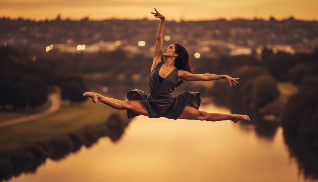 A professional photograph showcasing a male dancer in an electrifying leap, mid-air with incredible power and grace against a slightly blurred, urban Avondale Heights backdrop at dusk, dramatically lit for an epic moment of dynamic dance photography Avondale Heights.