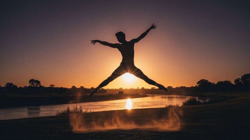 An epic moment captured in dynamic dance photography Belmont Victoria for artists, showing a male contemporary dancer mid-air in a powerful leap, silhouetted against a dramatic sunset over the Barwon River in Belmont, Victoria, with golden light illuminating the dust kicked up, showcasing incredible athleticism and artistry. Professional photography, cinematic colour grading.