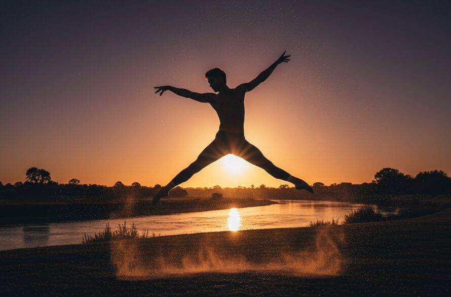 An epic moment captured in dynamic dance photography Belmont Victoria for artists, showing a male contemporary dancer mid-air in a powerful leap, silhouetted against a dramatic sunset over the Barwon River in Belmont, Victoria, with golden light illuminating the dust kicked up, showcasing incredible athleticism and artistry. Professional photography, cinematic colour grading.