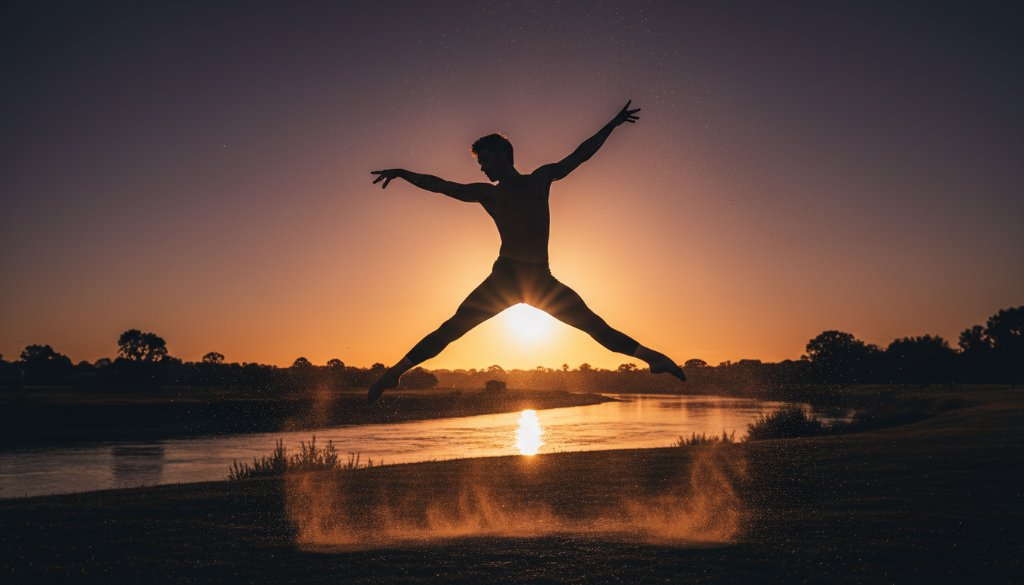 An epic moment captured in dynamic dance photography Belmont Victoria for artists, showing a male contemporary dancer mid-air in a powerful leap, silhouetted against a dramatic sunset over the Barwon River in Belmont, Victoria, with golden light illuminating the dust kicked up, showcasing incredible athleticism and artistry. Professional photography, cinematic colour grading.