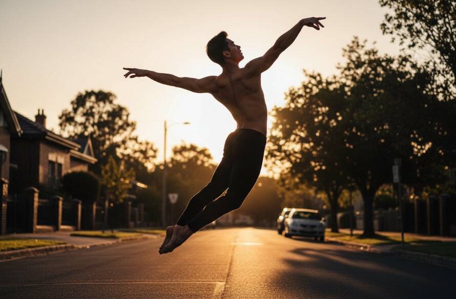 A male ballet dancer mid-air in a powerful grand jeté, dramatically lit against a slightly blurred background of Bentleigh East's leafy streets at dusk, embodying dynamic dance photography Bentleigh East.
