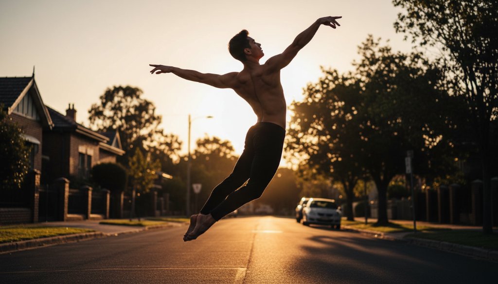 A male ballet dancer mid-air in a powerful grand jeté, dramatically lit against a slightly blurred background of Bentleigh East's leafy streets at dusk, embodying dynamic dance photography Bentleigh East.