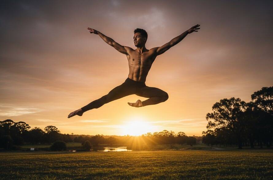 Dynamic Dance Photography Blackburn North Victoria: A powerful male dancer mid-leap, silhouetted against a dramatic sunset over a Blackburn North park, conveying intense emotion and athleticism.