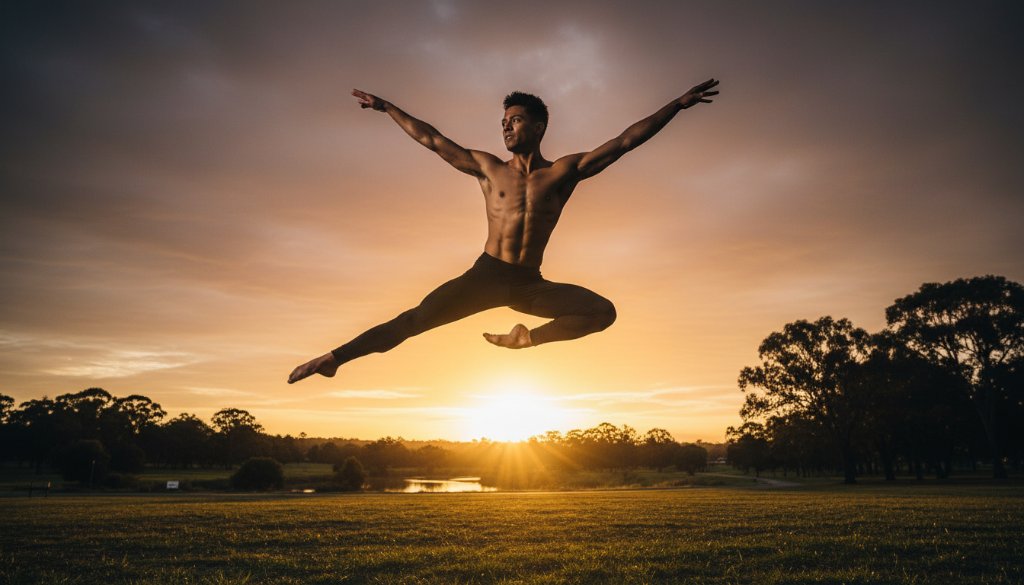 Dynamic Dance Photography Blackburn North Victoria: A powerful male dancer mid-leap, silhouetted against a dramatic sunset over a Blackburn North park, conveying intense emotion and athleticism.