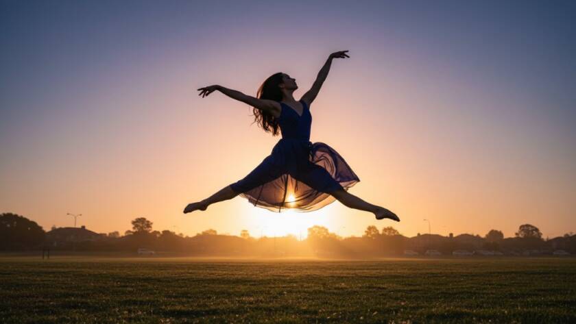 A ballet dancer mid-air, silhouetted against a dramatic sunset over a Blackburn South park, showcasing dynamic dance photography Blackburn South with elegant form and powerful grace.