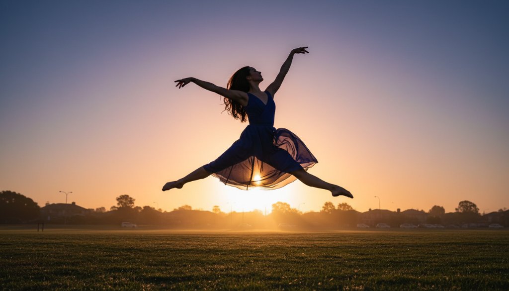 A ballet dancer mid-air, silhouetted against a dramatic sunset over a Blackburn South park, showcasing dynamic dance photography Blackburn South with elegant form and powerful grace.