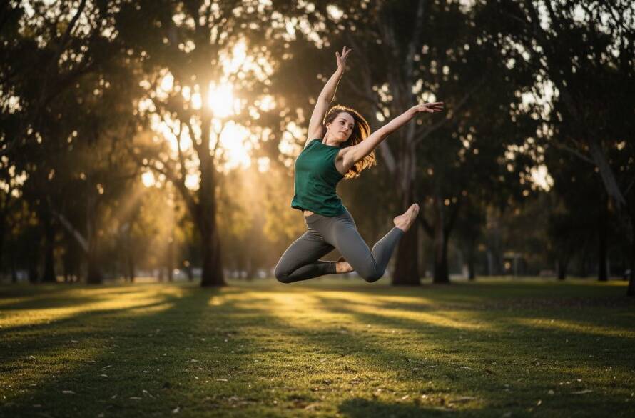 A powerful, high-energy shot of a contemporary dancer mid-leap, silhouetted against a dramatic Boronia park sunset, showcasing dynamic dance photography Boronia studio expertise with incredible athleticism and grace.