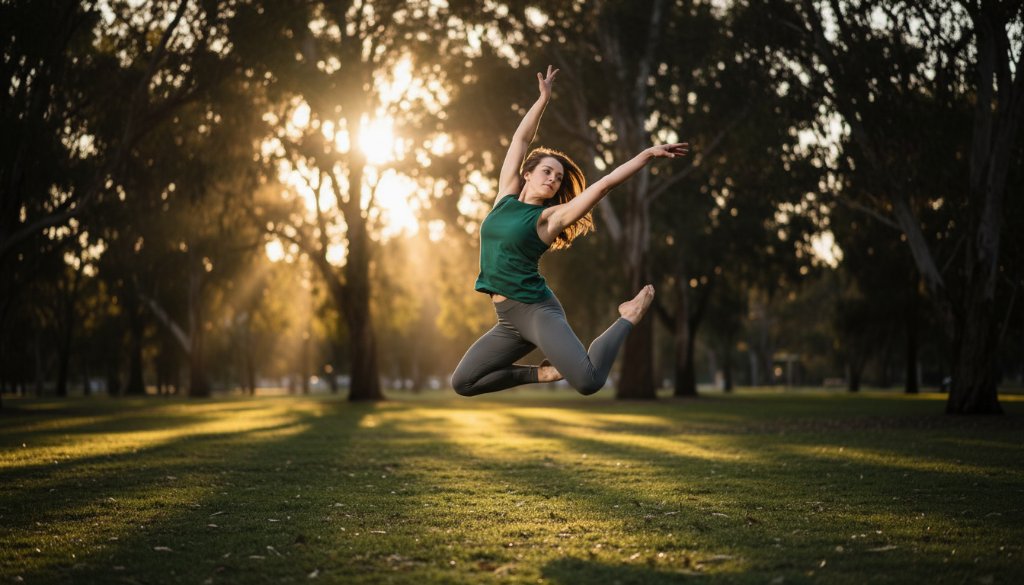 A powerful, high-energy shot of a contemporary dancer mid-leap, silhouetted against a dramatic Boronia park sunset, showcasing dynamic dance photography Boronia studio expertise with incredible athleticism and grace.