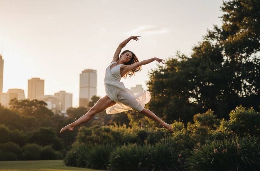 Dynamic Dance Photography Box Hill Victoria captures a powerful female dancer mid-air in a dramatic jump against a softly blurred urban sunset backdrop, showcasing raw strength and artistic grace.