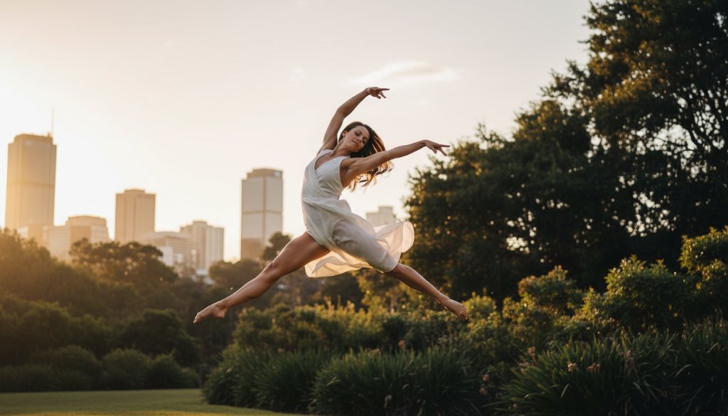 Dynamic Dance Photography Box Hill Victoria captures a powerful female dancer mid-air in a dramatic jump against a softly blurred urban sunset backdrop, showcasing raw strength and artistic grace.