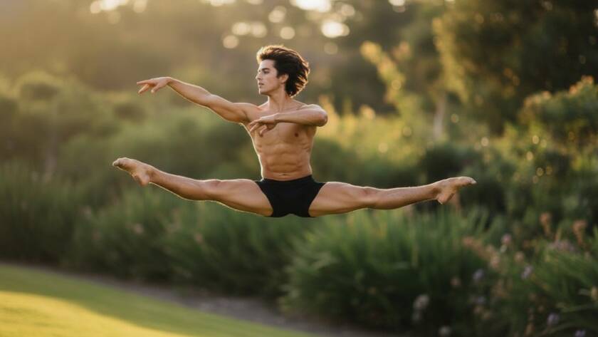 A male dancer captured mid-air in a powerful leap against a soft-focus backdrop of Brookfield's green landscapes, showcasing the dynamic dance photography Brookfield Victoria offers, with dramatic backlighting emphasizing his form and emotion.