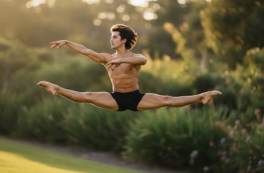 A male dancer captured mid-air in a powerful leap against a soft-focus backdrop of Brookfield's green landscapes, showcasing the dynamic dance photography Brookfield Victoria offers, with dramatic backlighting emphasizing his form and emotion.