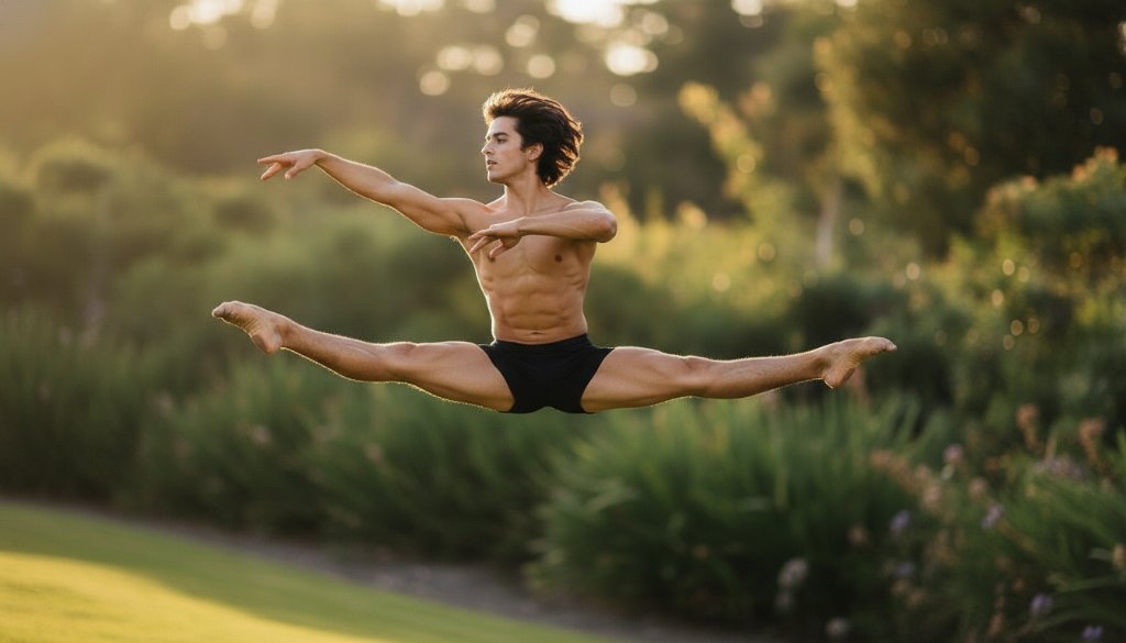 A male dancer captured mid-air in a powerful leap against a soft-focus backdrop of Brookfield's green landscapes, showcasing the dynamic dance photography Brookfield Victoria offers, with dramatic backlighting emphasizing his form and emotion.