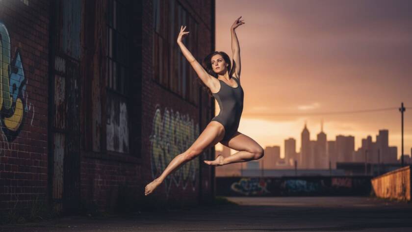 A powerful and artistic shot of a dancer mid-leap against an industrial Brooklyn, Victoria, Australia backdrop, expertly captured for dynamic dance photography Brooklyn Victoria Australia, showcasing an epic moment of strength and grace with dramatic lighting.