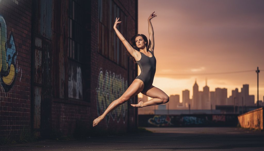 A powerful and artistic shot of a dancer mid-leap against an industrial Brooklyn, Victoria, Australia backdrop, expertly captured for dynamic dance photography Brooklyn Victoria Australia, showcasing an epic moment of strength and grace with dramatic lighting.