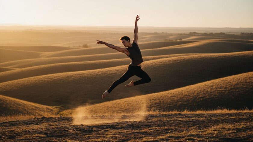 A ballet dancer mid-air, silhouetted against a dramatic sunset over the rolling hills of Brown Hill, Victoria, capturing a truly dynamic dance photography moment with powerful grace and emotional intensity.