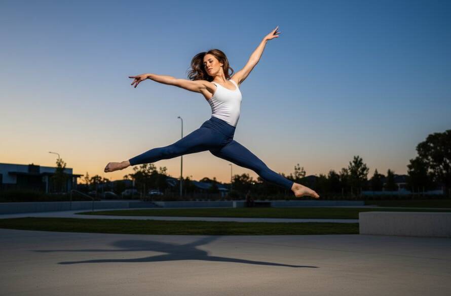 A breathtaking, dynamic dance photography Burnside Heights capturing passion: a dancer mid-leap, silhouetted against a dramatic sunset over a Burnside Heights landscape, capturing an epic moment of intense emotion and athleticism with professional cinematic lighting.