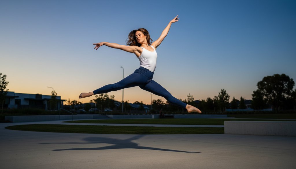 A breathtaking, dynamic dance photography Burnside Heights capturing passion: a dancer mid-leap, silhouetted against a dramatic sunset over a Burnside Heights landscape, capturing an epic moment of intense emotion and athleticism with professional cinematic lighting.