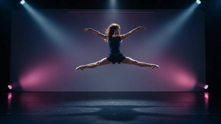 A male dancer mid-air in a powerful leap, silhouetted against dramatic backlighting in a dynamic dance photography Burwood East studio, capturing an epic moment of athleticism and artistry.