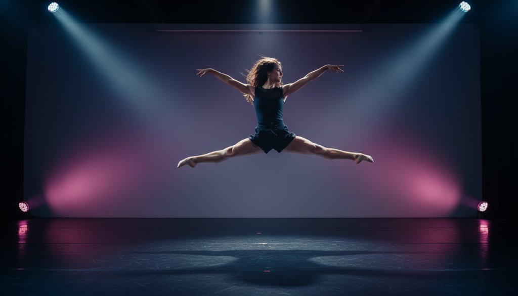 A male dancer mid-air in a powerful leap, silhouetted against dramatic backlighting in a dynamic dance photography Burwood East studio, capturing an epic moment of athleticism and artistry.