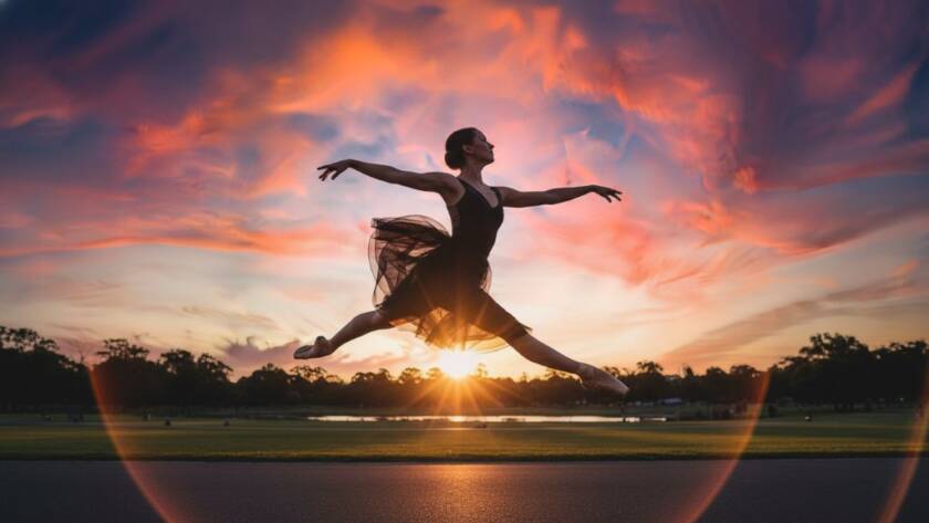 Dynamic dance photography Caulfield Victoria capturing a dancer mid-air in a powerful, elegant leap, bathed in dramatic golden hour light against a blurred urban Caulfield park background, showcasing their intense emotion and athleticism.