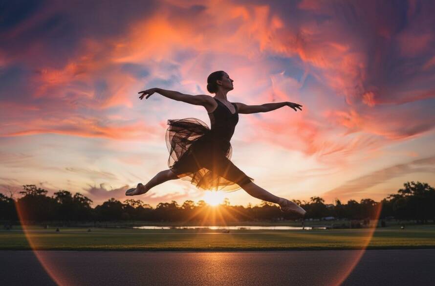Dynamic dance photography Caulfield Victoria capturing a dancer mid-air in a powerful, elegant leap, bathed in dramatic golden hour light against a blurred urban Caulfield park background, showcasing their intense emotion and athleticism.