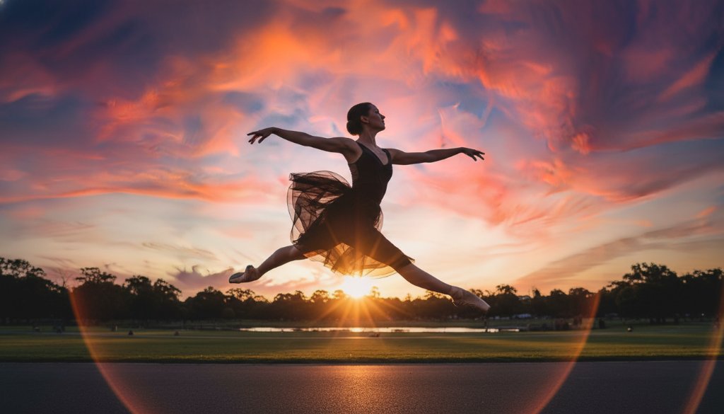 Dynamic dance photography Caulfield Victoria capturing a dancer mid-air in a powerful, elegant leap, bathed in dramatic golden hour light against a blurred urban Caulfield park background, showcasing their intense emotion and athleticism.
