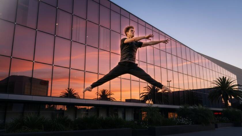 A male contemporary dancer in mid-air, performing a powerful leap against a soft-focused urban background of Chadstone at twilight, showcasing dynamic dance photography Chadstone Victoria with dramatic lighting and professional colour grading.