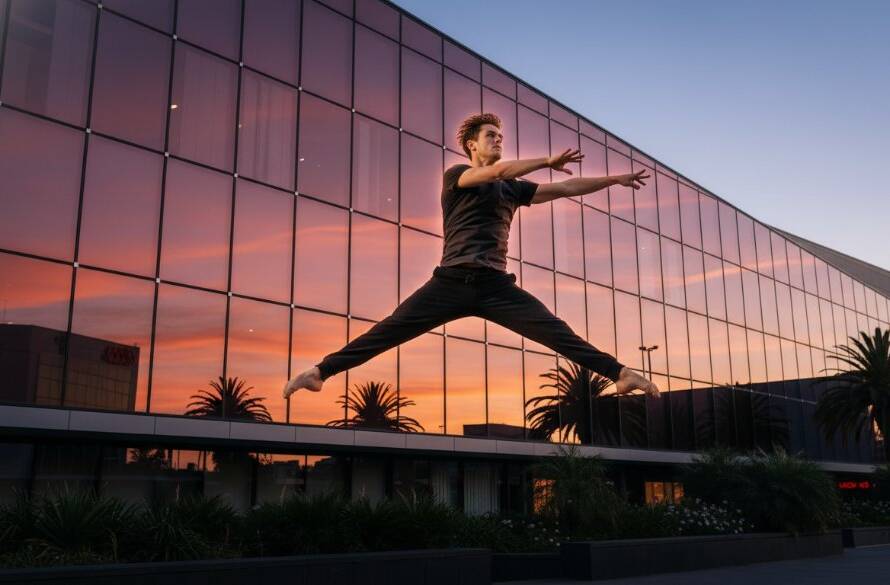 A male contemporary dancer in mid-air, performing a powerful leap against a soft-focused urban background of Chadstone at twilight, showcasing dynamic dance photography Chadstone Victoria with dramatic lighting and professional colour grading.
