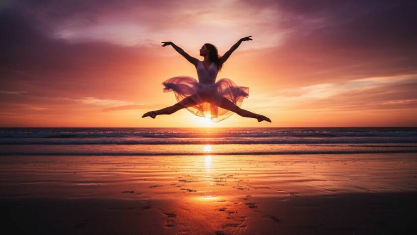 A female dancer in an elegant, flowing costume performing a powerful leap at sunset on dynamic dance photography Chelsea beach, silhouetted against the golden hour light with the ocean in the background, professional and cinematic.
