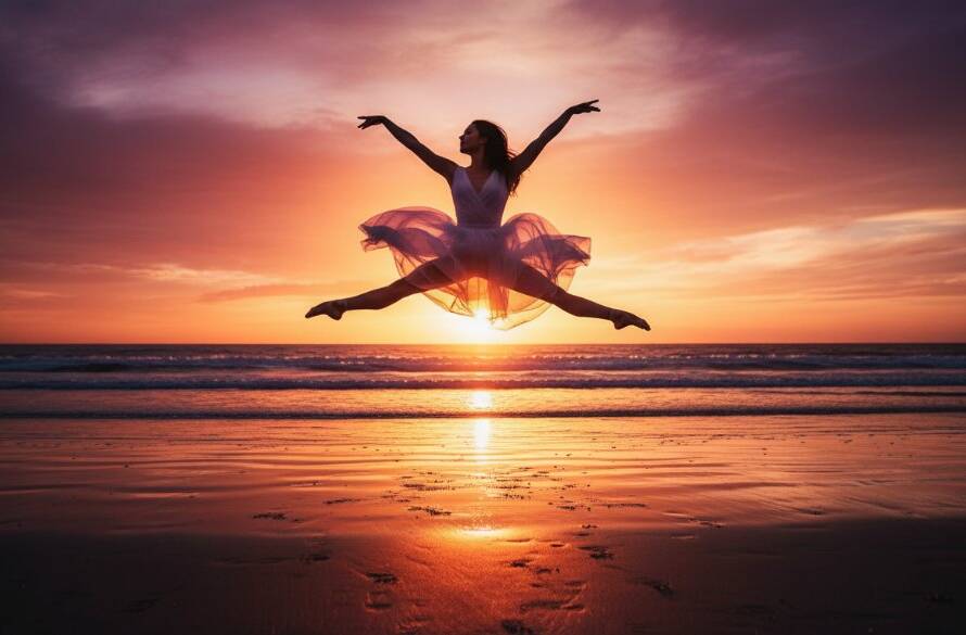 A female dancer in an elegant, flowing costume performing a powerful leap at sunset on dynamic dance photography Chelsea beach, silhouetted against the golden hour light with the ocean in the background, professional and cinematic.