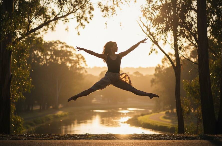 A powerful, dramatically lit photograph capturing a dancer mid-air, performing an acrobatic leap against a blurred backdrop of Chelsea Heights, embodying the essence of dynamic dance photography Chelsea Heights Victoria.