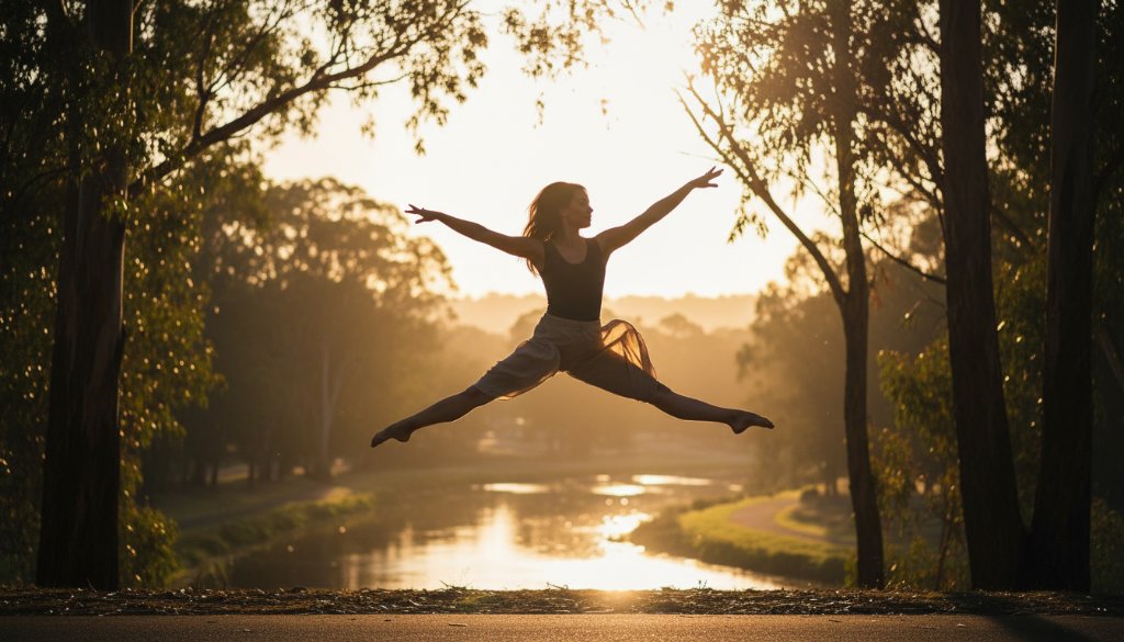 A powerful, dramatically lit photograph capturing a dancer mid-air, performing an acrobatic leap against a blurred backdrop of Chelsea Heights, embodying the essence of dynamic dance photography Chelsea Heights Victoria.