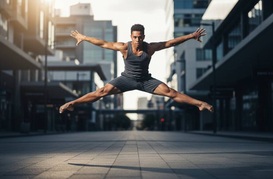 A dramatic wide-angle shot capturing the peak of a dancer's powerful leap against a blurred urban backdrop in Clayton, Victoria, showcasing dynamic dance photography Clayton Victoria with intense focus and athleticism, lit by golden hour sun.