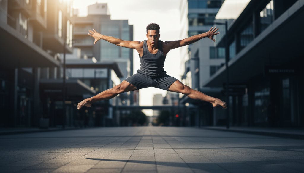 A dramatic wide-angle shot capturing the peak of a dancer's powerful leap against a blurred urban backdrop in Clayton, Victoria, showcasing dynamic dance photography Clayton Victoria with intense focus and athleticism, lit by golden hour sun.