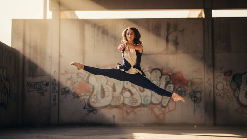 Dynamic dance photography Clyde North capturing passion in an epic moment of a dancer mid-leap against a dramatic, moody urban backdrop, showcasing power and grace with professional studio lighting.