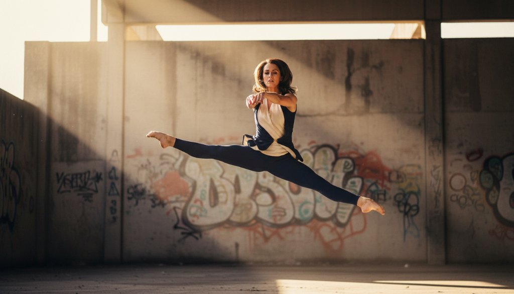 Dynamic dance photography Clyde North capturing passion in an epic moment of a dancer mid-leap against a dramatic, moody urban backdrop, showcasing power and grace with professional studio lighting.