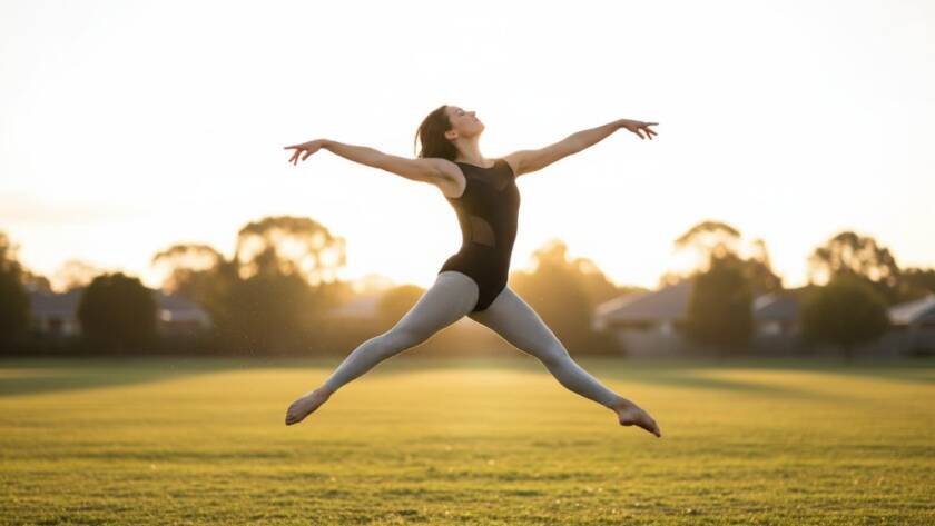 An ethereal and dynamic dance photography Croydon South Victoria shot, showcasing a dancer mid-air in a powerful, graceful leap against a soft-focus urban backdrop at sunset, capturing an epic moment.