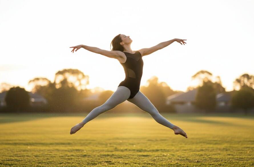 An ethereal and dynamic dance photography Croydon South Victoria shot, showcasing a dancer mid-air in a powerful, graceful leap against a soft-focus urban backdrop at sunset, capturing an epic moment.