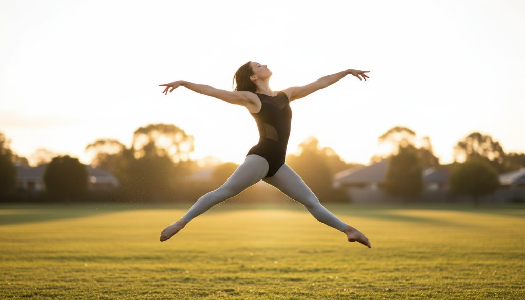 An ethereal and dynamic dance photography Croydon South Victoria shot, showcasing a dancer mid-air in a powerful, graceful leap against a soft-focus urban backdrop at sunset, capturing an epic moment.
