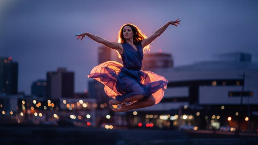 An exquisite, professionally colour-graded photograph capturing an epic moment of a dancer mid-leap, silhouetted against a softly blurred Dandenong cityscape at dusk, showcasing Dynamic Dance Photography Dandenong Victoria with dramatic backlighting.