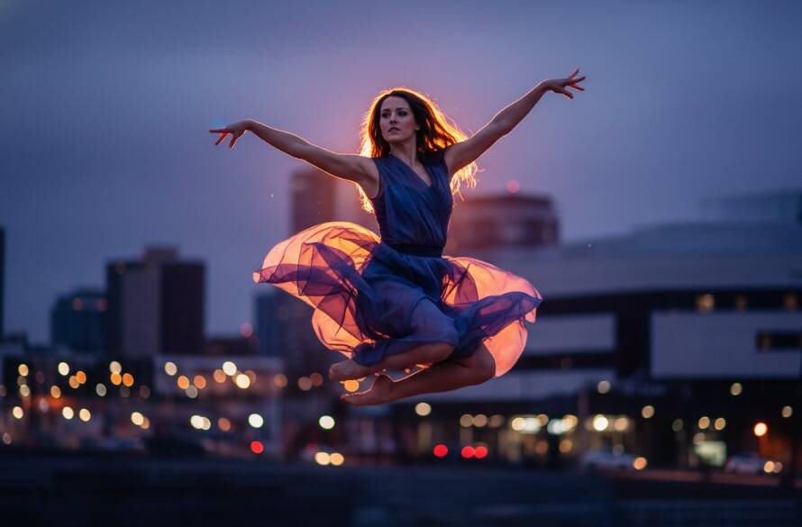 An exquisite, professionally colour-graded photograph capturing an epic moment of a dancer mid-leap, silhouetted against a softly blurred Dandenong cityscape at dusk, showcasing Dynamic Dance Photography Dandenong Victoria with dramatic backlighting.