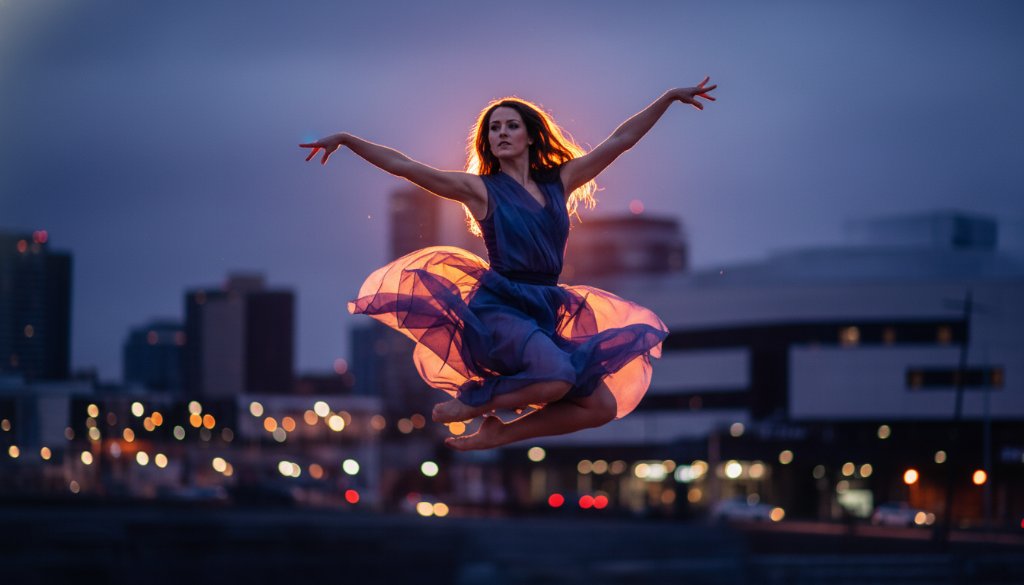 An exquisite, professionally colour-graded photograph capturing an epic moment of a dancer mid-leap, silhouetted against a softly blurred Dandenong cityscape at dusk, showcasing Dynamic Dance Photography Dandenong Victoria with dramatic backlighting.