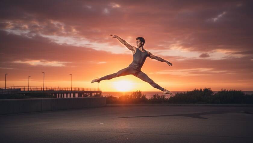 An epic moment captured, showcasing a dancer mid-leap with incredible power and grace against a subtly blurred Frankston North coastal backdrop at sunset, embodying the spirit of dynamic dance photography Frankston North artists.