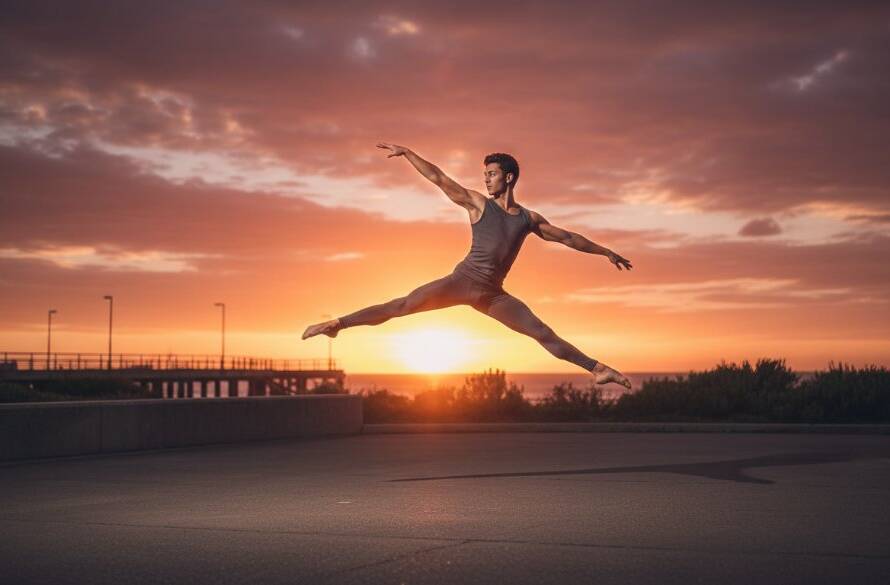 An epic moment captured, showcasing a dancer mid-leap with incredible power and grace against a subtly blurred Frankston North coastal backdrop at sunset, embodying the spirit of dynamic dance photography Frankston North artists.
