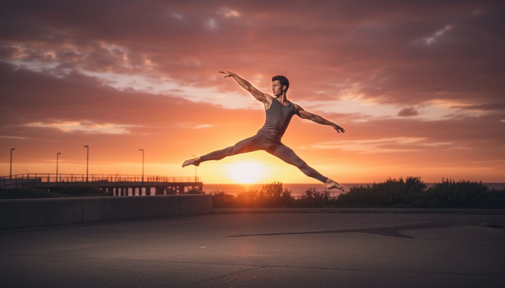 An epic moment captured, showcasing a dancer mid-leap with incredible power and grace against a subtly blurred Frankston North coastal backdrop at sunset, embodying the spirit of dynamic dance photography Frankston North artists.