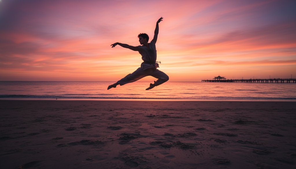 A male dancer captured mid-air in a dramatic leap over the Frankston South foreshore at sunset, showcasing dynamic dance photography Frankston South with powerful lighting and artistic composition.